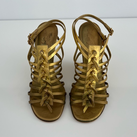 YVES SAINT LAURENT BRONZE GOLD GLADIATOR WEDGE SANDALS SIZE IT 37.5 / US 7.5 - Picture 4 of 17